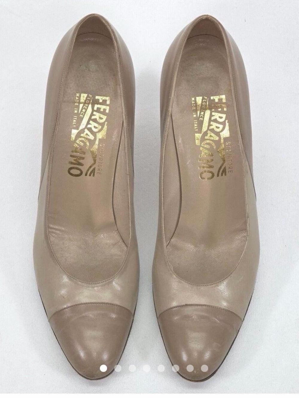 Salvatore Ferragamo Beige Leather Cap-Toe Pumps